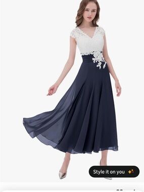 Women’s ivory lace chiffon button V-neck bridesmaid dress with cap sleeves